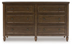 Brown wood dresser front view with four drawers and two center drawers, metal knobs