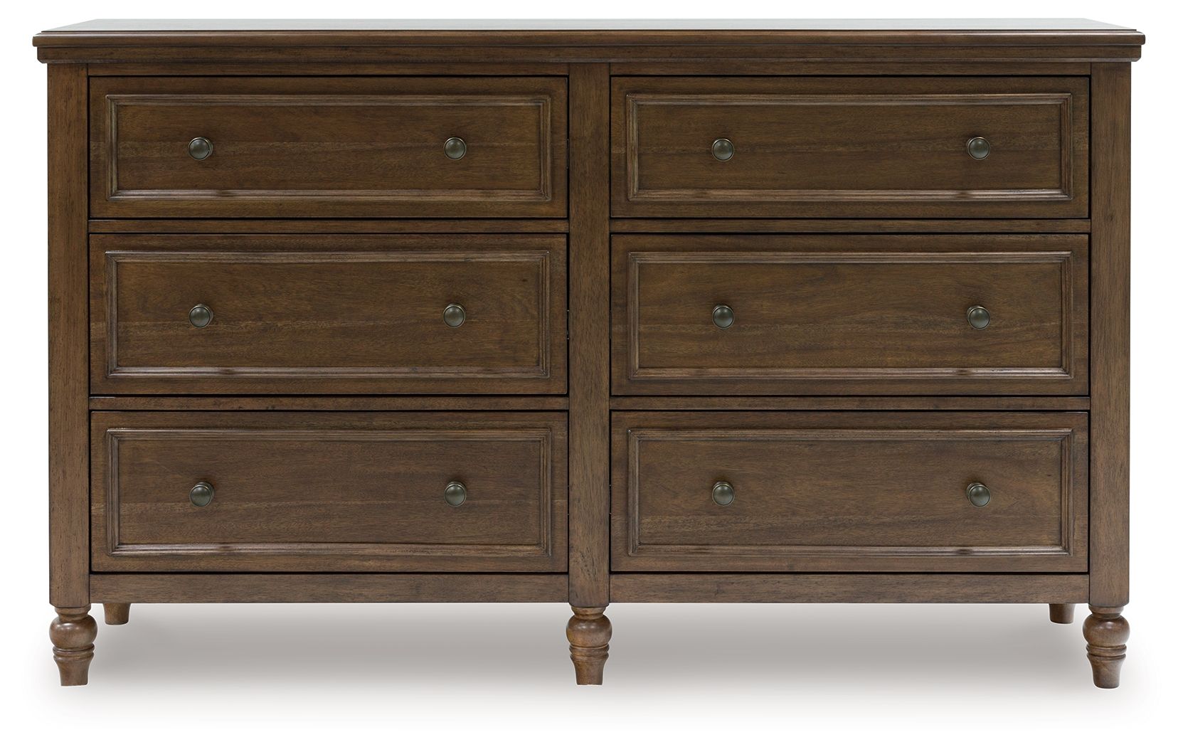 Brown wood dresser front view with four drawers and two center drawers, metal knobs
