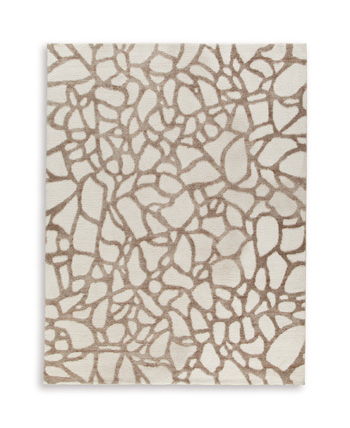 Light brown and cream abstract mosaic pattern rug, square close-up