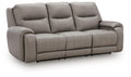 Ash-gray power reclining sofa with audio seating, padded armrests and headrests