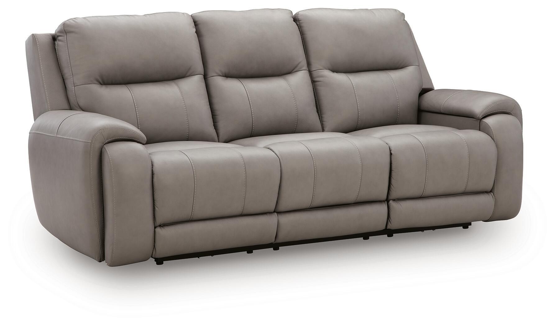 Ash-gray power reclining sofa with audio seating, padded armrests and headrests