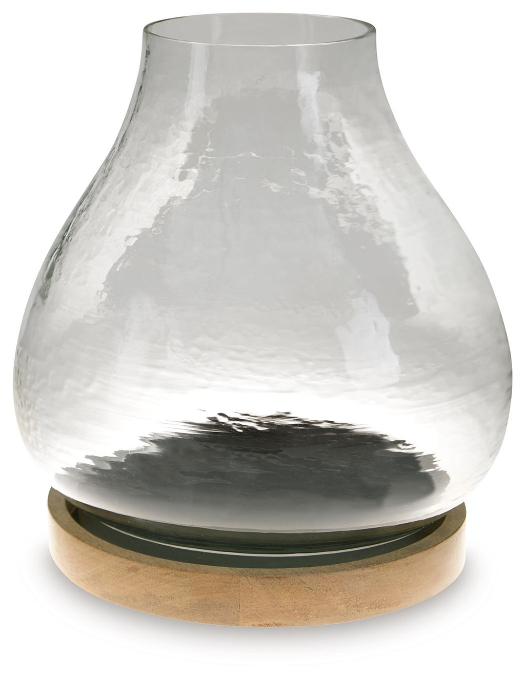 Clear glass vase candle holder with dark glass trim and round wooden base