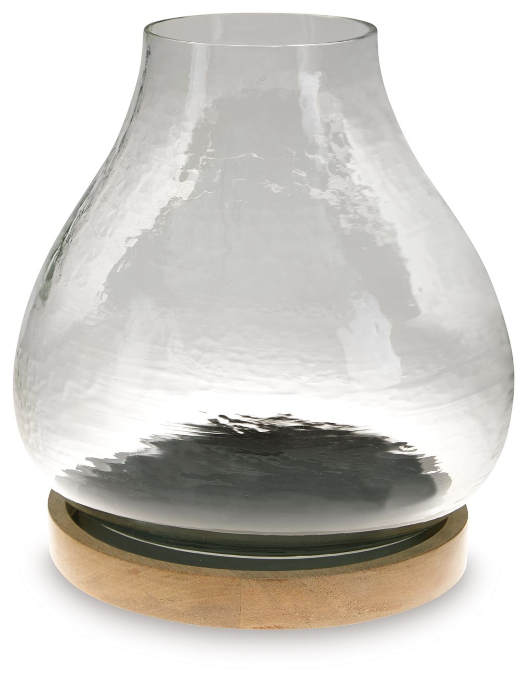 Clear glass vase candle holder with dark glass trim and round wooden base