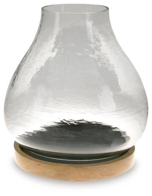 Clear glass vase candle holder with dark glass trim and round wooden base