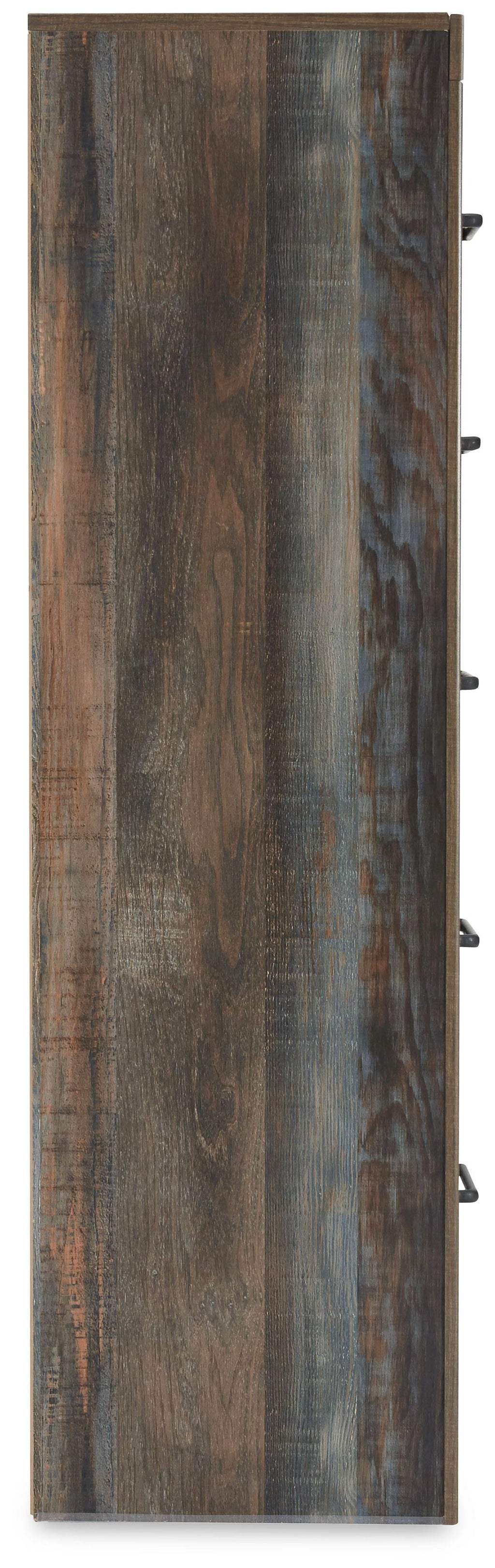 Five-drawer chest side panel with distressed wood texture and metal drawer pulls.