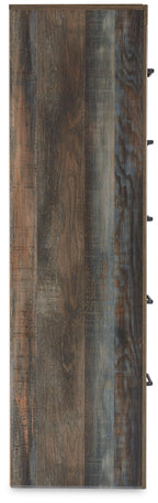 Five-drawer chest side panel with distressed wood texture and metal drawer pulls.