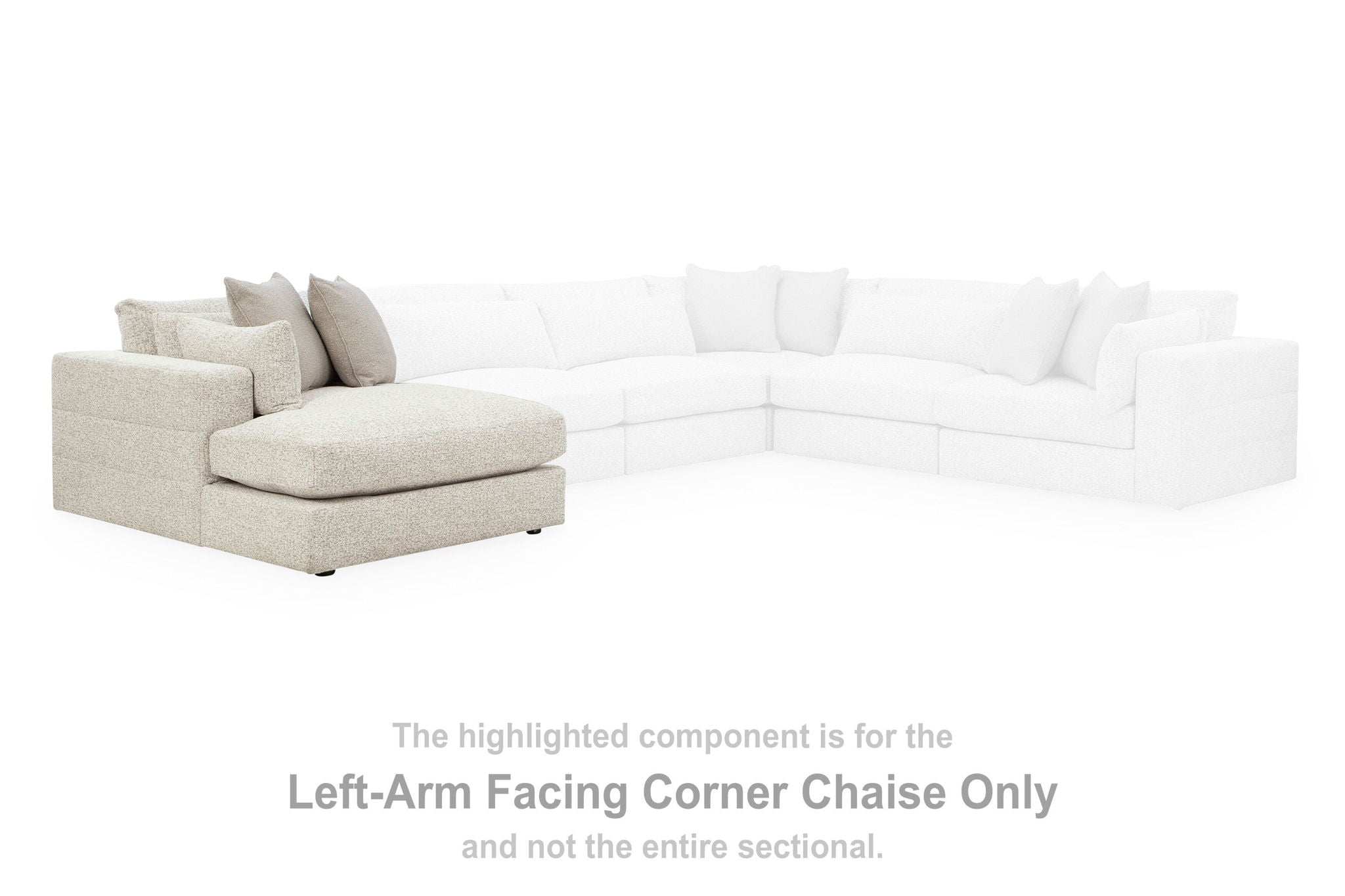Left-arm facing corner chaise section with light fabric cushions and multiple back pillows