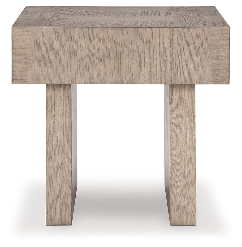 Square end table in light grayish brown with rectangular top and four straight legs.