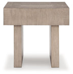 Square end table in light grayish brown with rectangular top and four straight legs.