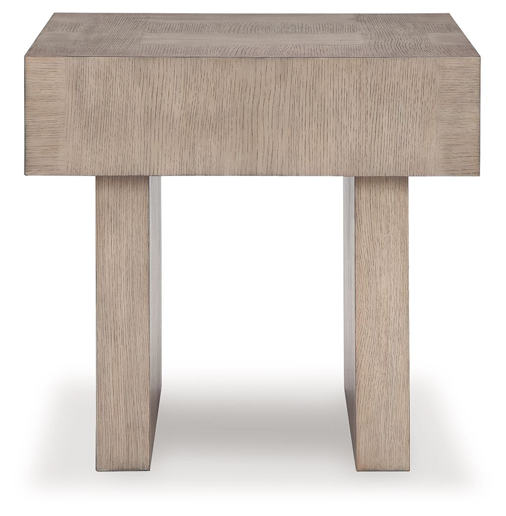 Square end table in light grayish brown with rectangular top and four straight legs.