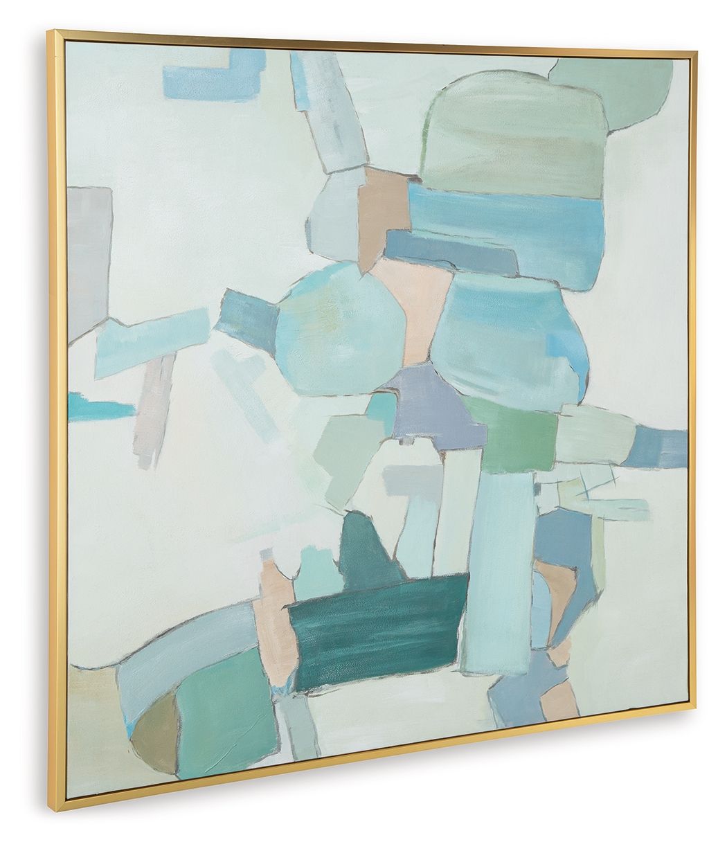 Abstract wall art in a gold frame with teal and light blue layered shapes