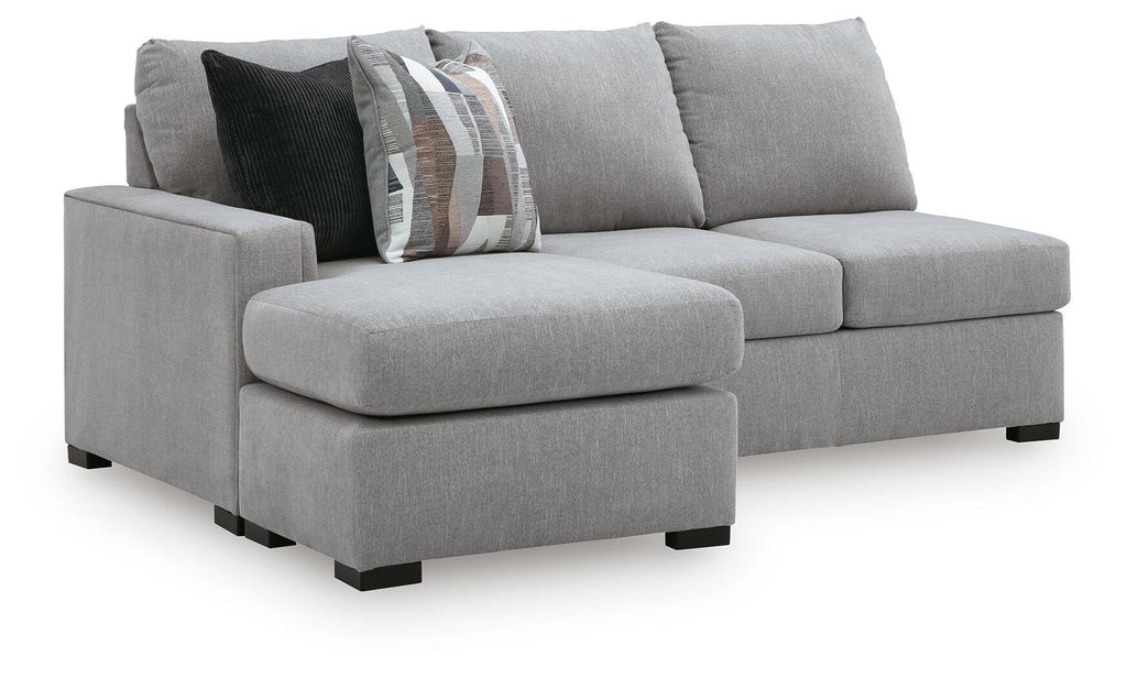 Lakepoint LAF sofa chaise in light gray fabric with square chaise and two accent pillows
