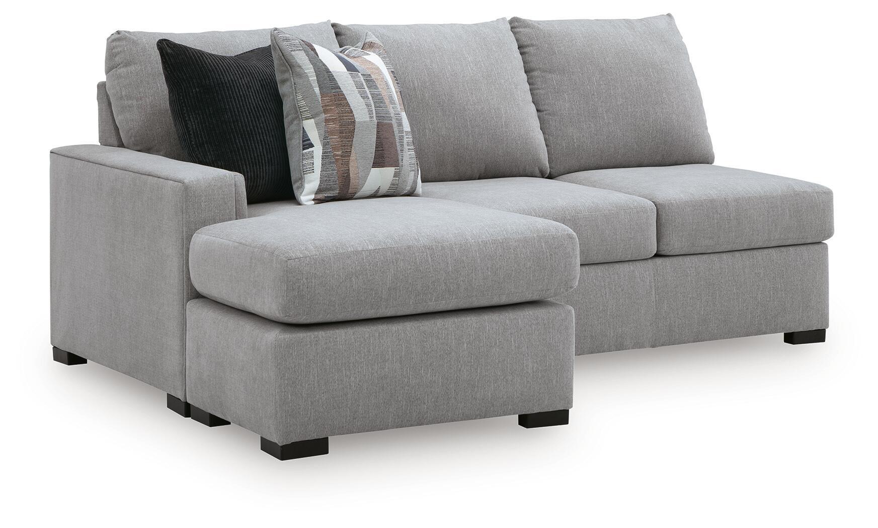 Lakepoint LAF sofa chaise in light gray fabric with square chaise and two accent pillows