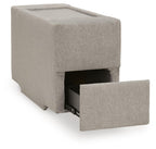 Light gray console storage with front access panel open, dark interior visible