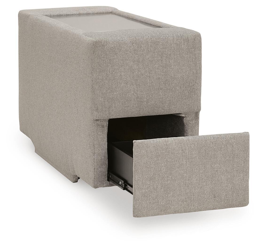 Light gray console storage with front access panel open, dark interior visible