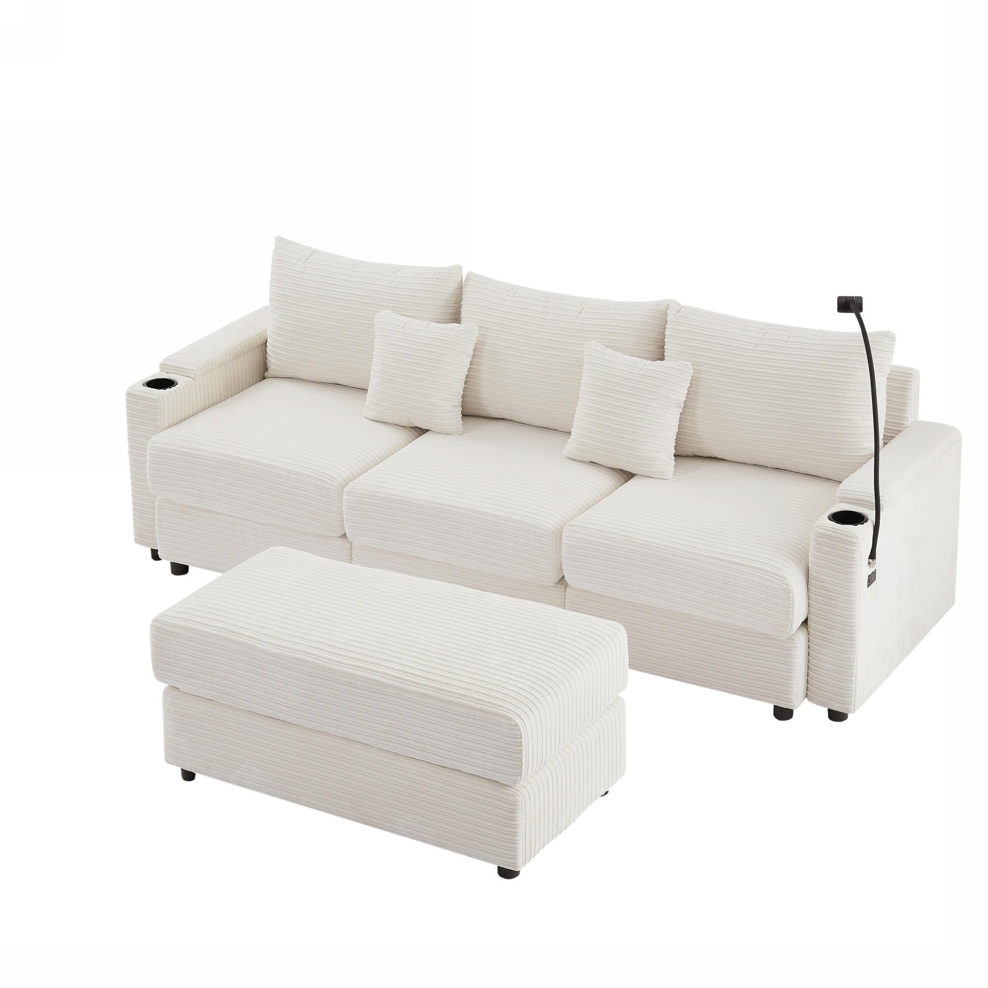 Modern Beige Corduroy Sectional Sofa w/ Storage, USB