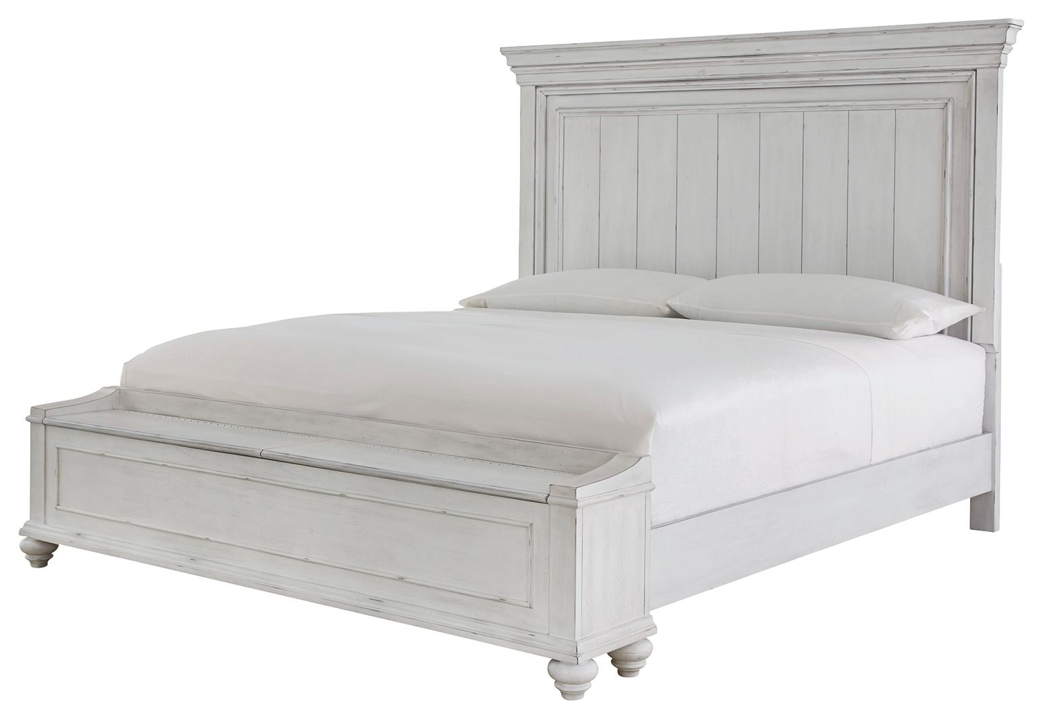 White panel bed with tall headboard and low footboard, smooth wooden side rails.