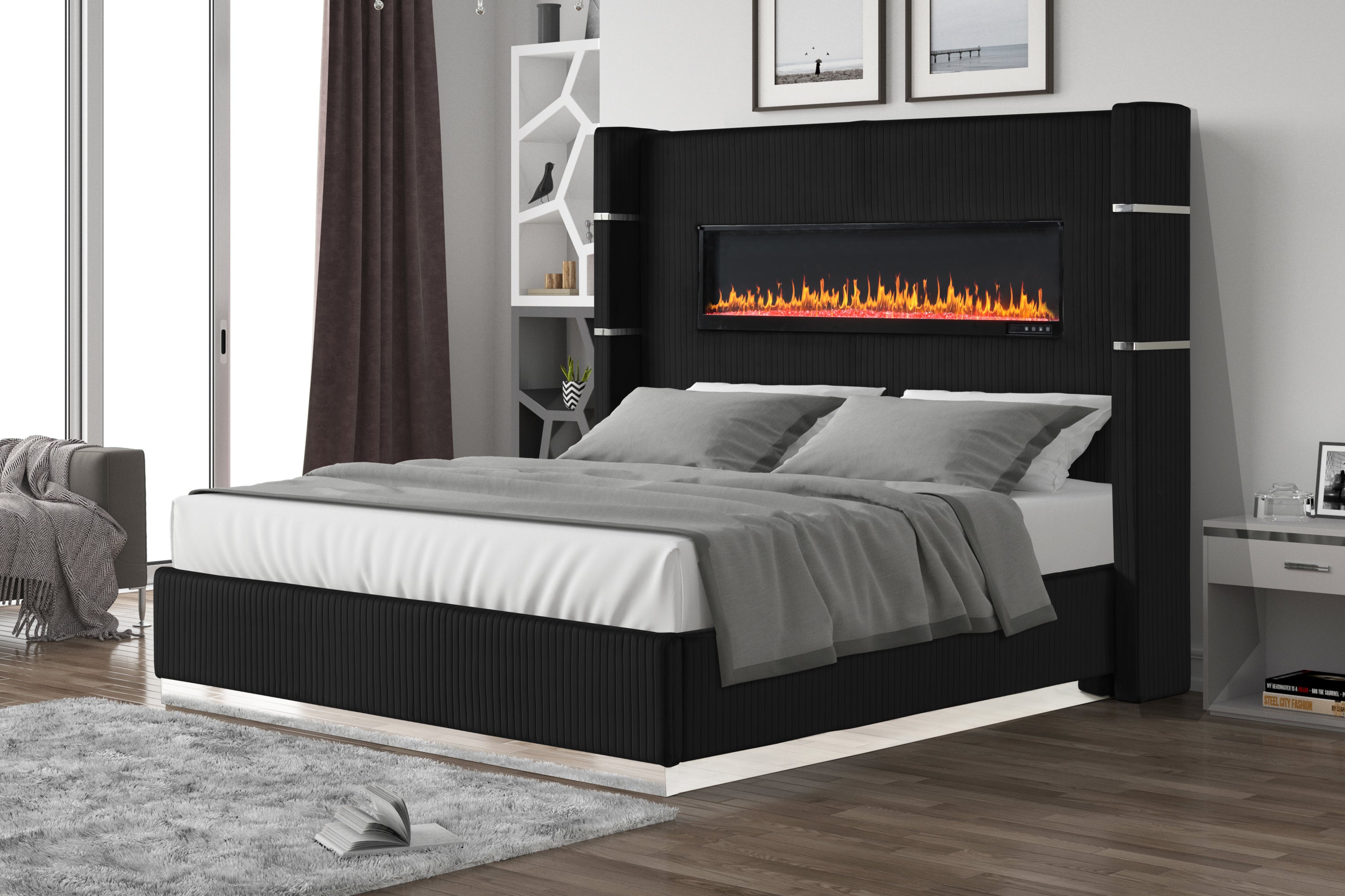 Lizelle Upholstered Wooden Queen Bed - Black Velvet, Ambient Light