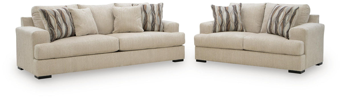 Oatmeal fabric sofa and loveseat set with striped throw pillows