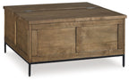 Brown lift-top cocktail table with paneled sides and black legs