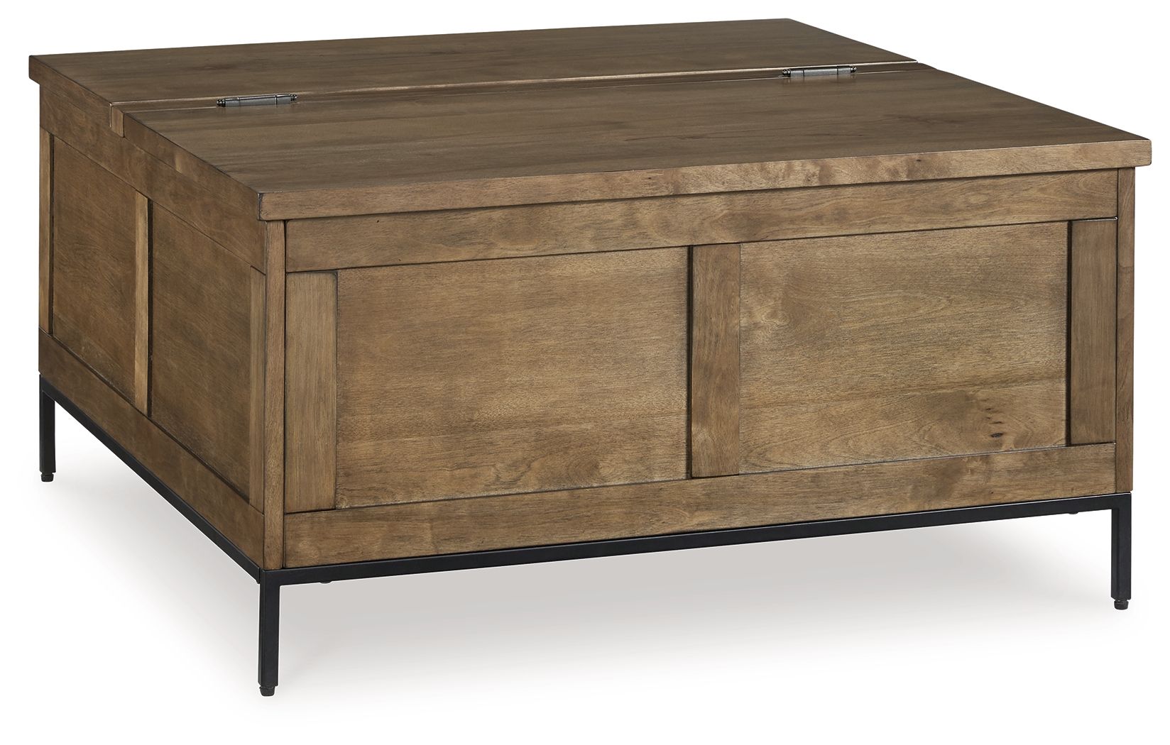 Brown lift-top cocktail table with paneled sides and black legs
