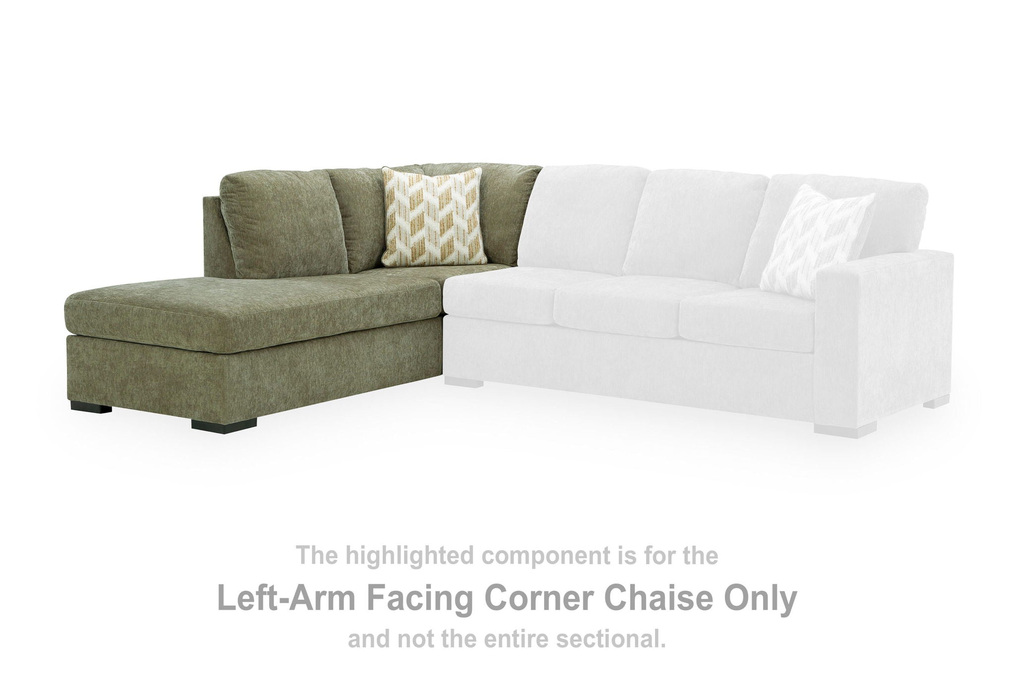 L-shaped sectional chaise with moss green left section and white right seat cushions