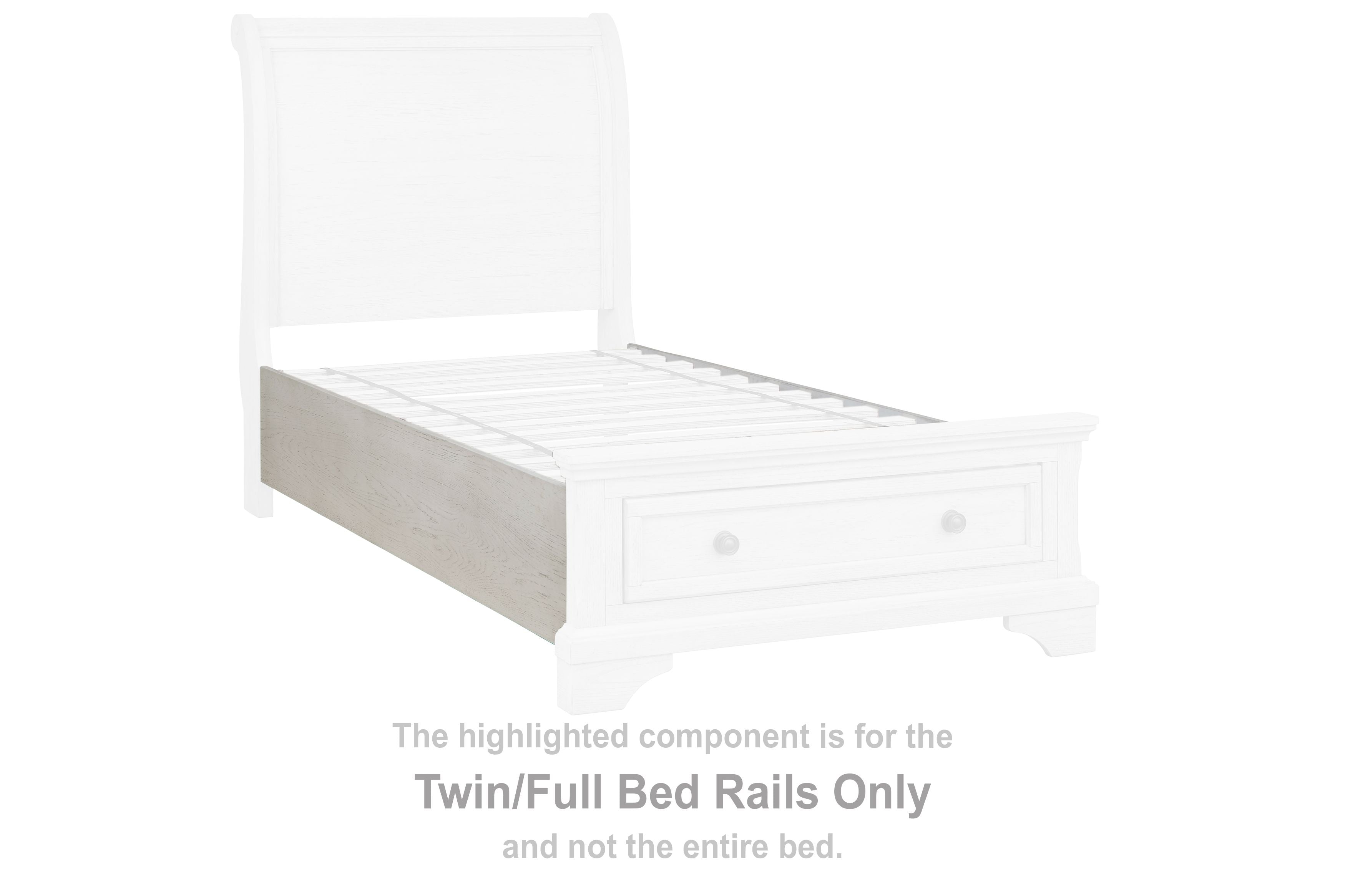 Robbinsdale twin/full bed rails, antique white, shown on a bed frame side