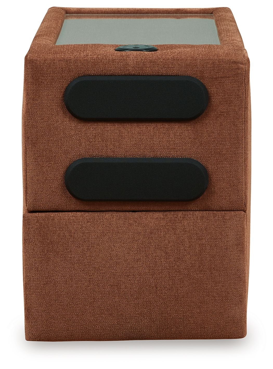Modmax console with audio system, brown fabric with two front speaker grilles