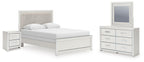 Upholstered panel bed in light fabric with white bedding and two side tables, dresser