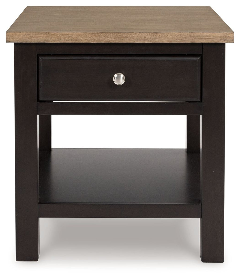 Brown rectangular end table with a centered drawer and lower shelf, dark frame.