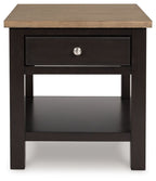 Brown rectangular end table with a centered drawer and lower shelf, dark frame.