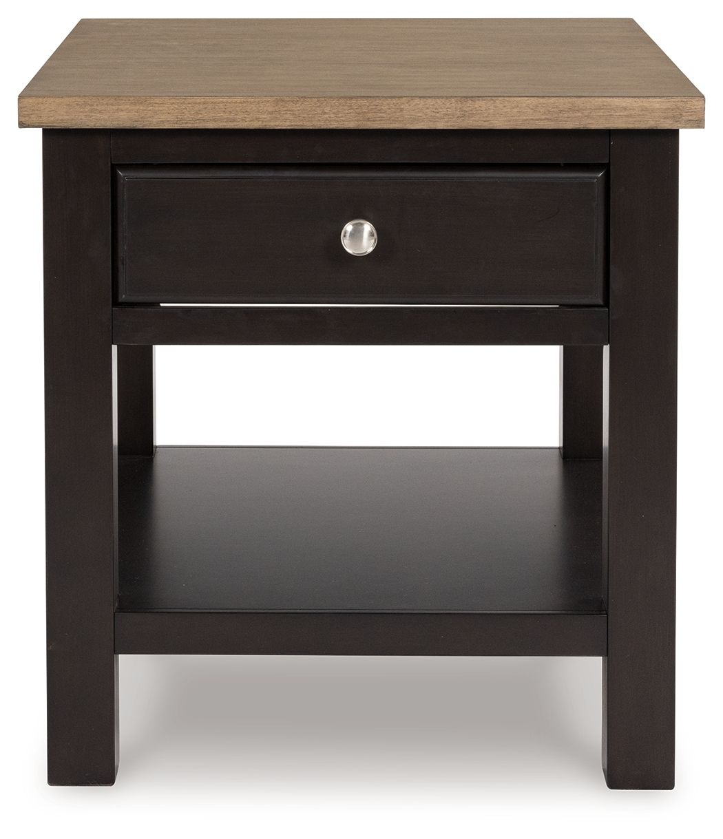 Brown rectangular end table with a centered drawer and lower shelf, dark frame.