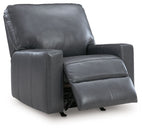 Dark gray leather-look rocker recliner chair with extended footrest and padded armrests
