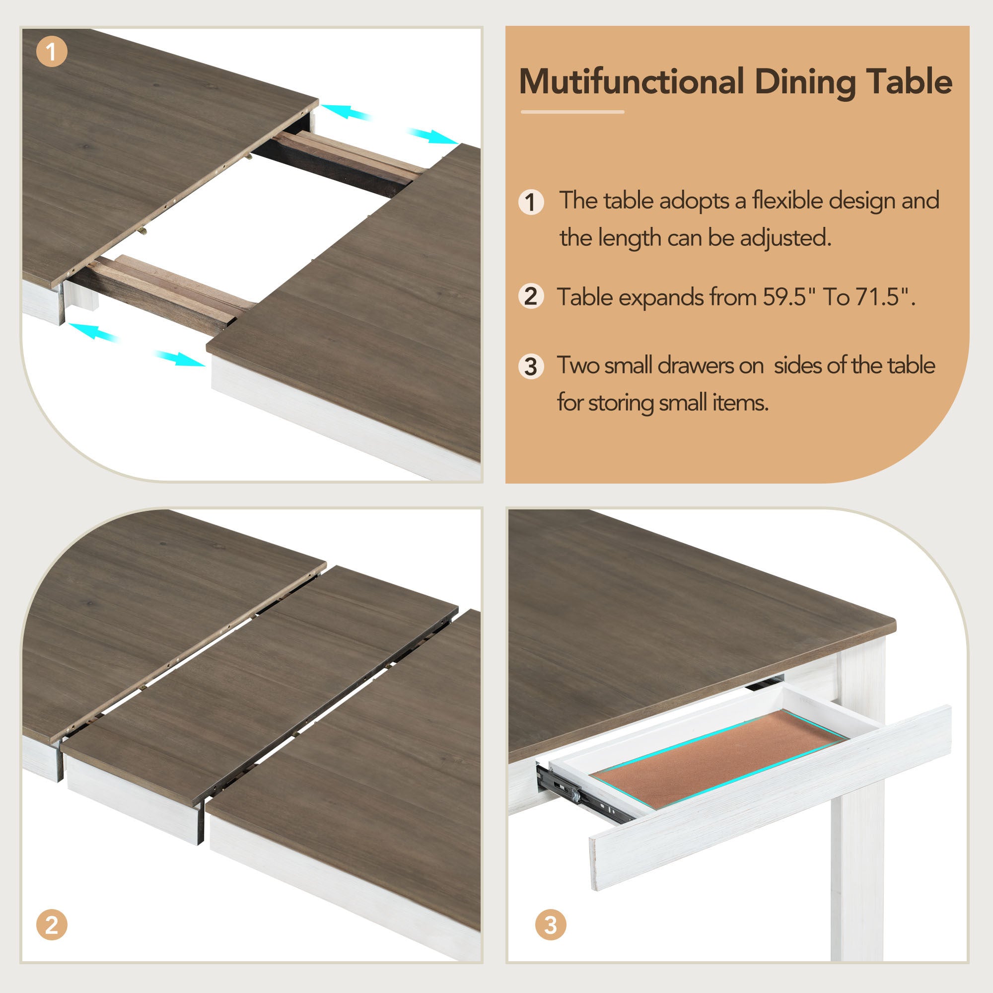 7-Pc. Extendable Dining Table Set w/ Chairs (Brown+White)