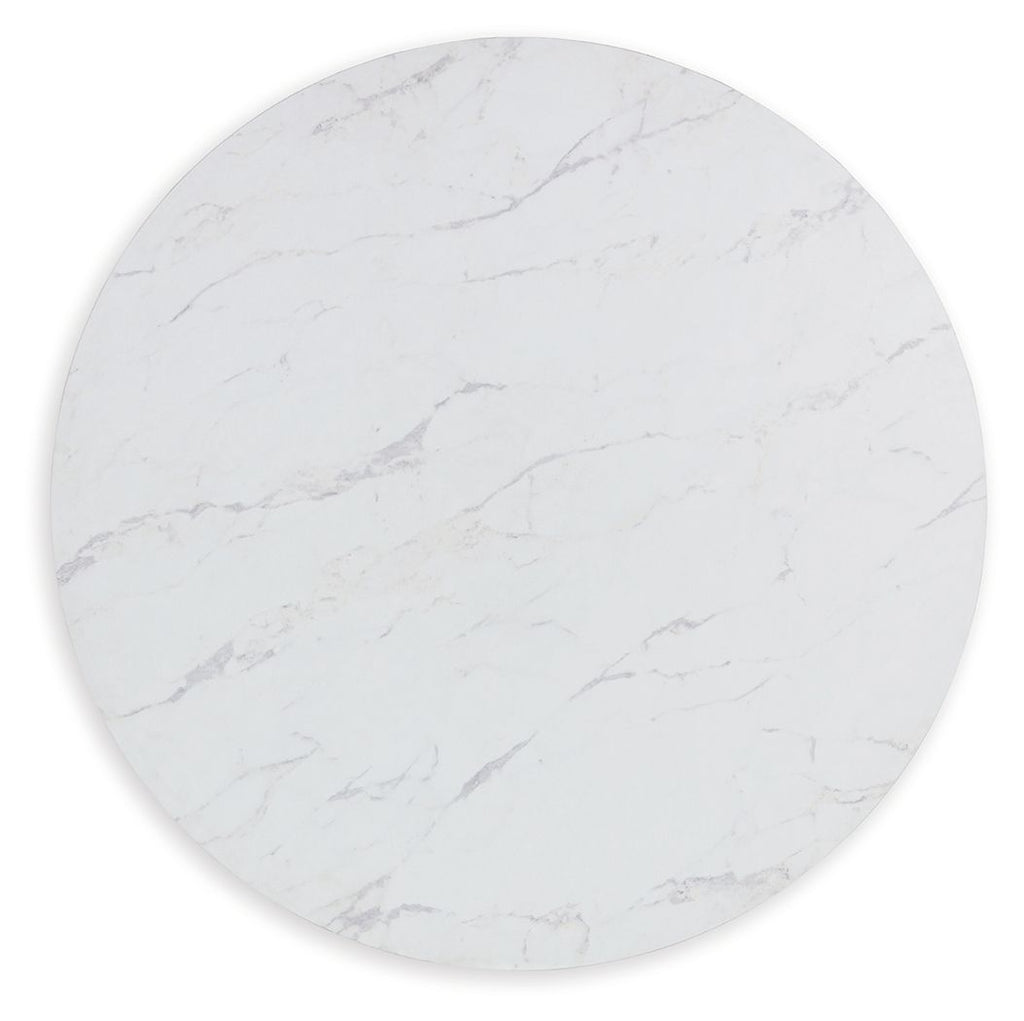 Round marble-look tabletop in white with gray veining