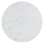 Round marble-look tabletop in white with gray veining