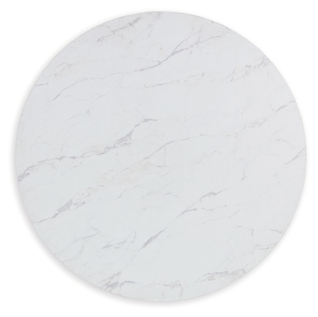 Round marble-look tabletop in white with gray veining