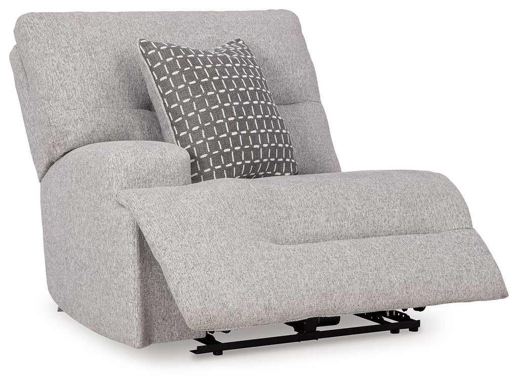 Pewter gray power recliner with patterned pillow and extended footrest