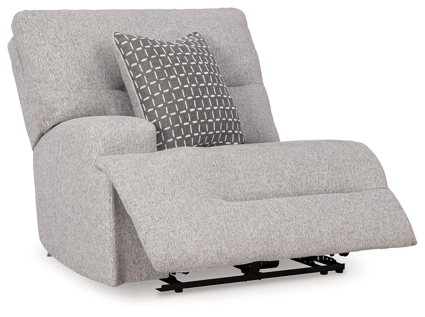 Pewter gray power recliner with patterned pillow and extended footrest