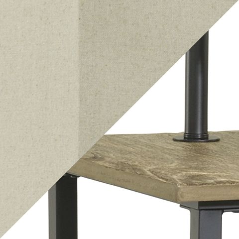 Close-up of black metal tray lamp base with wood top tray and post