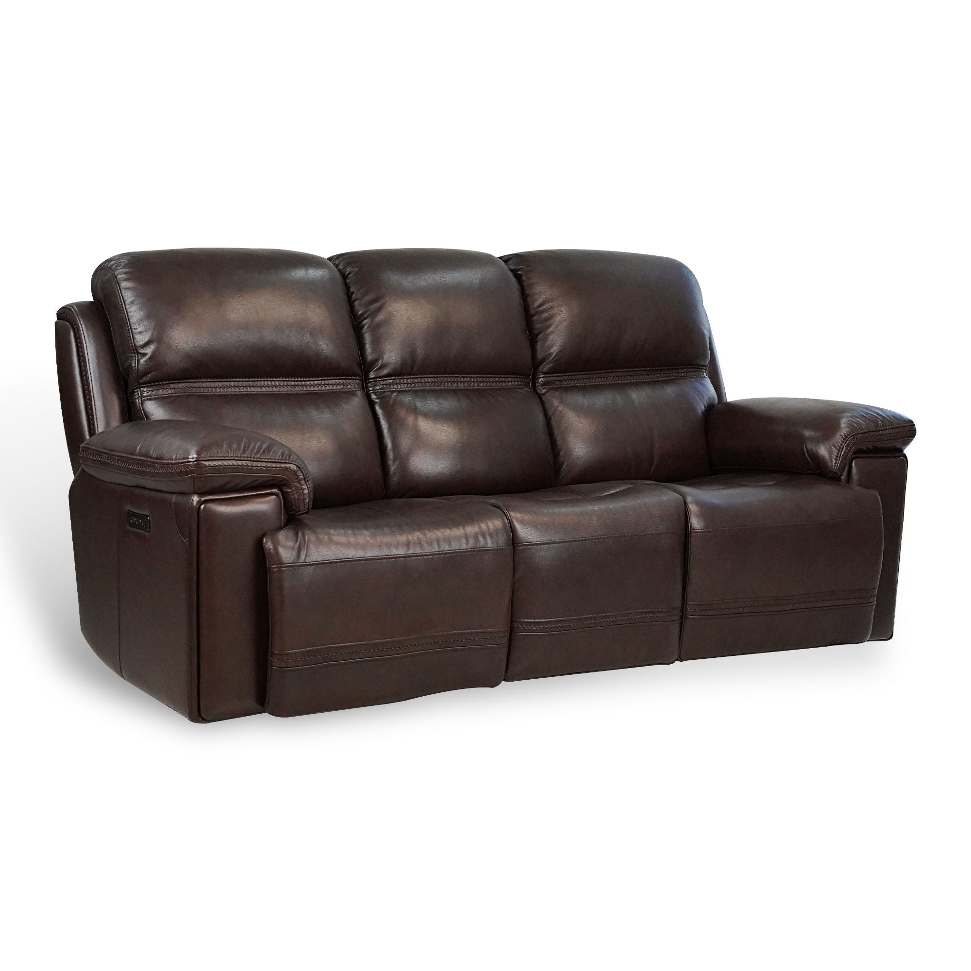 Timo Top Grain Leather Power Reclining Sofa, Adjustable Headrest, Cross Stitching