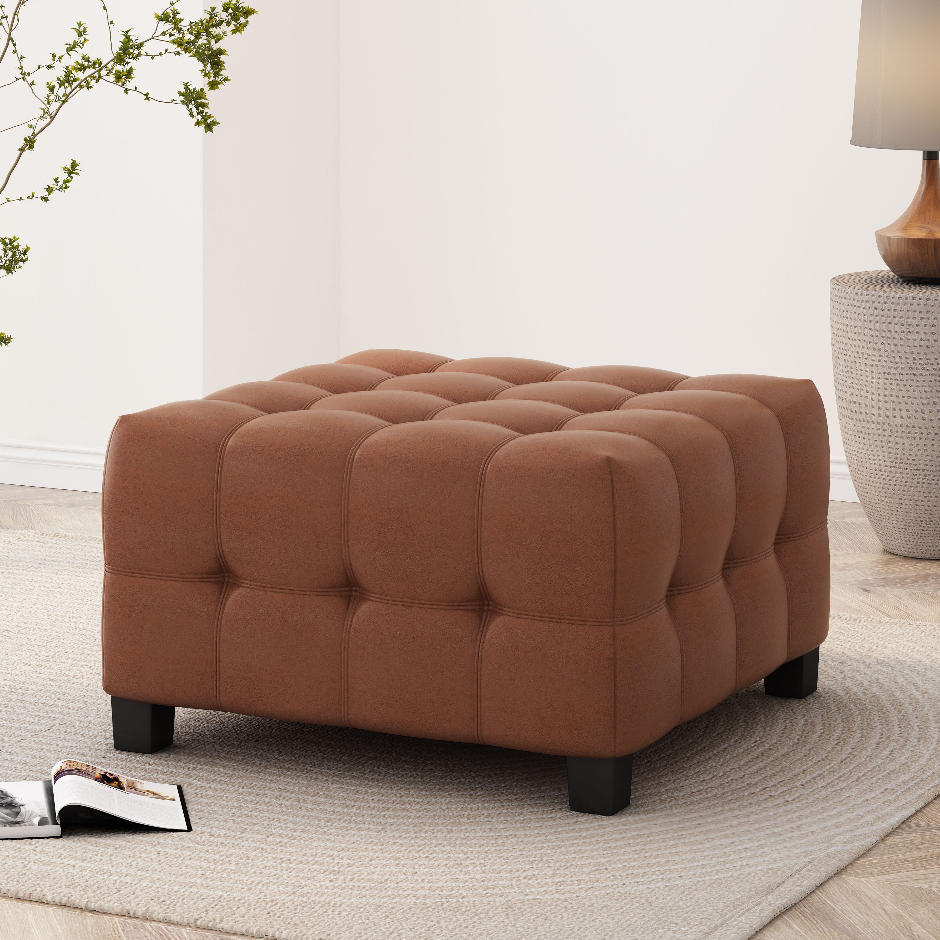 Modern Tufted Faux Leather Ottoman - Light Brown
