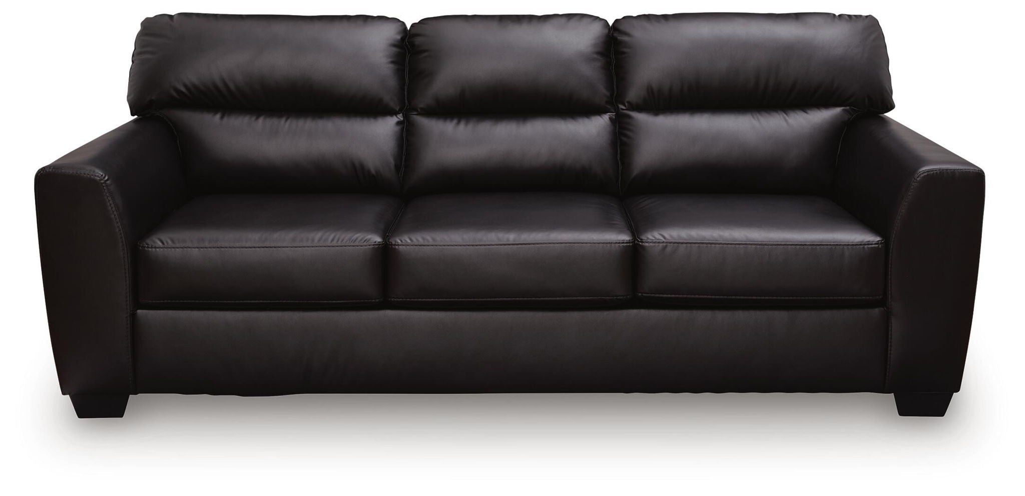 Dark leather sofa with three padded seat cushions and tufted back, square arms