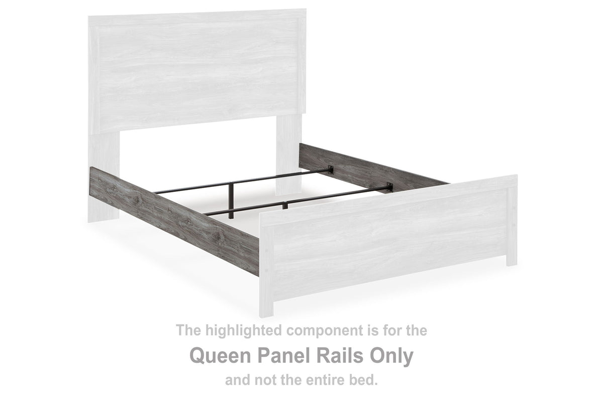 Dark gray queen panel rails highlighted on a bed frame