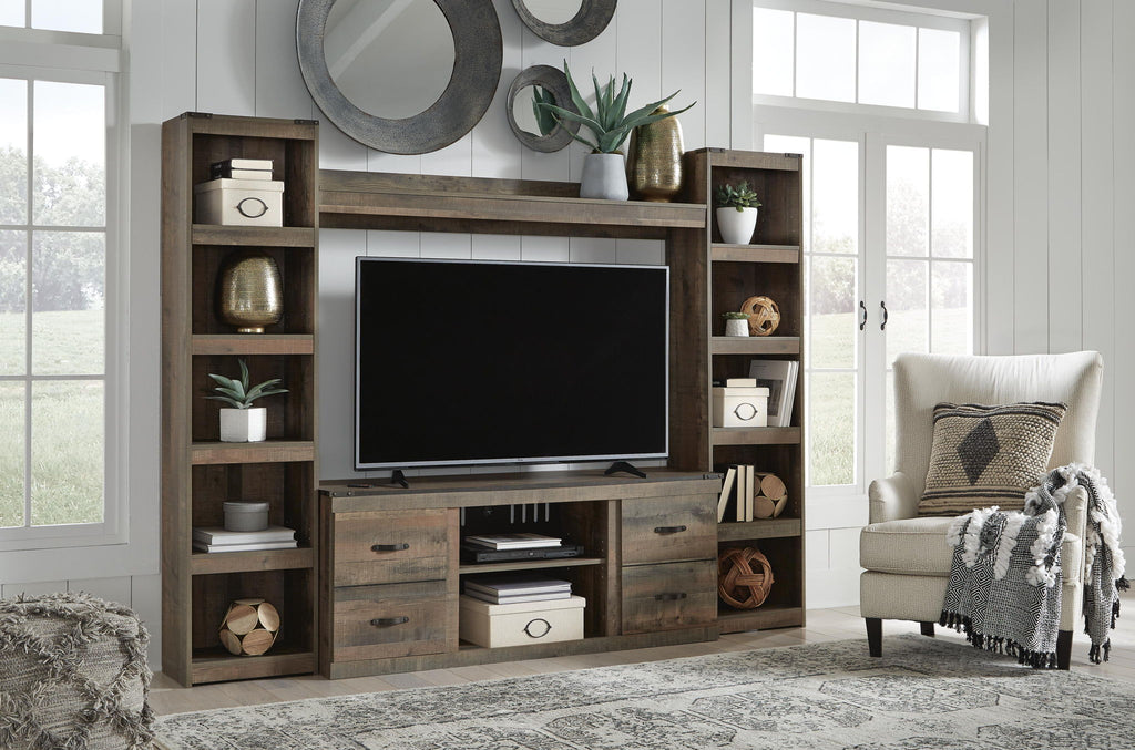 Dark brown media console with TV opening, open shelving and storage drawers