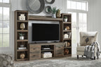 Dark brown media console with TV opening, open shelving and storage drawers