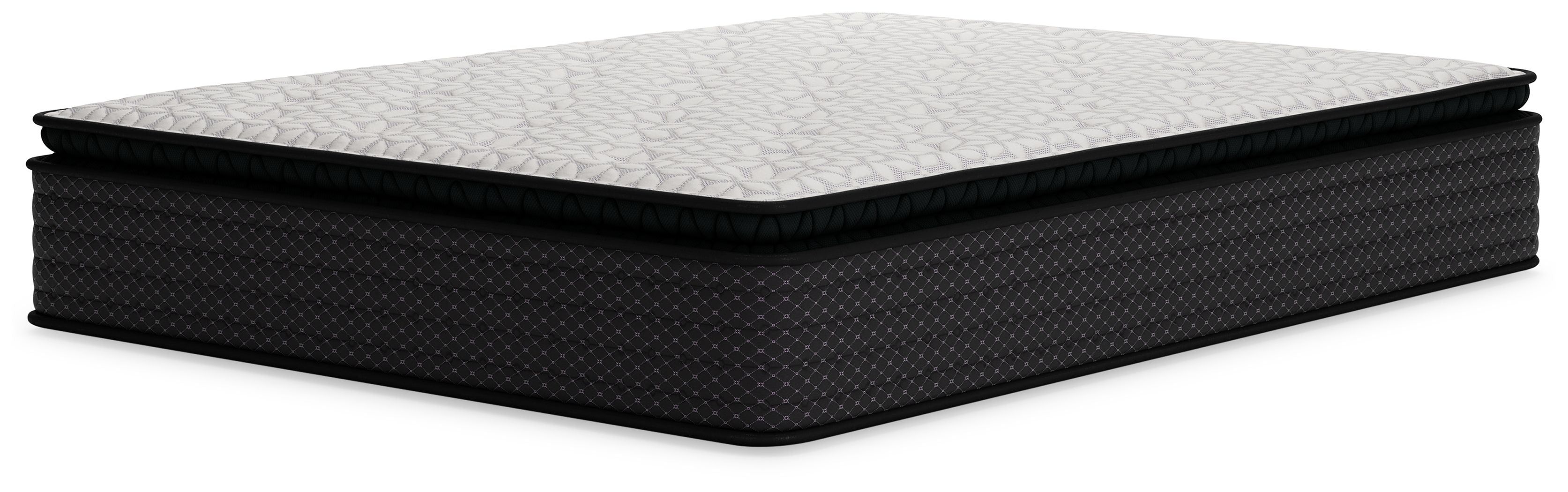 Mattress with white quilted top and dark textured sides, thick profile