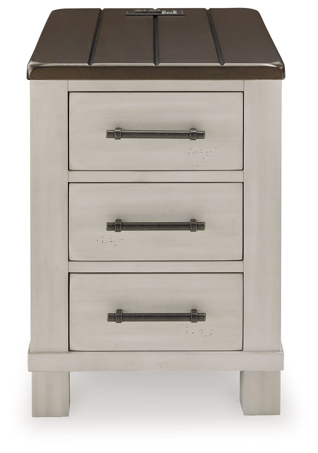 Chair side end table close view with dark brown top and three light gray drawers