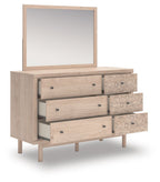 Wood dresser with mirror, three drawers and three floral-patterned drawers
