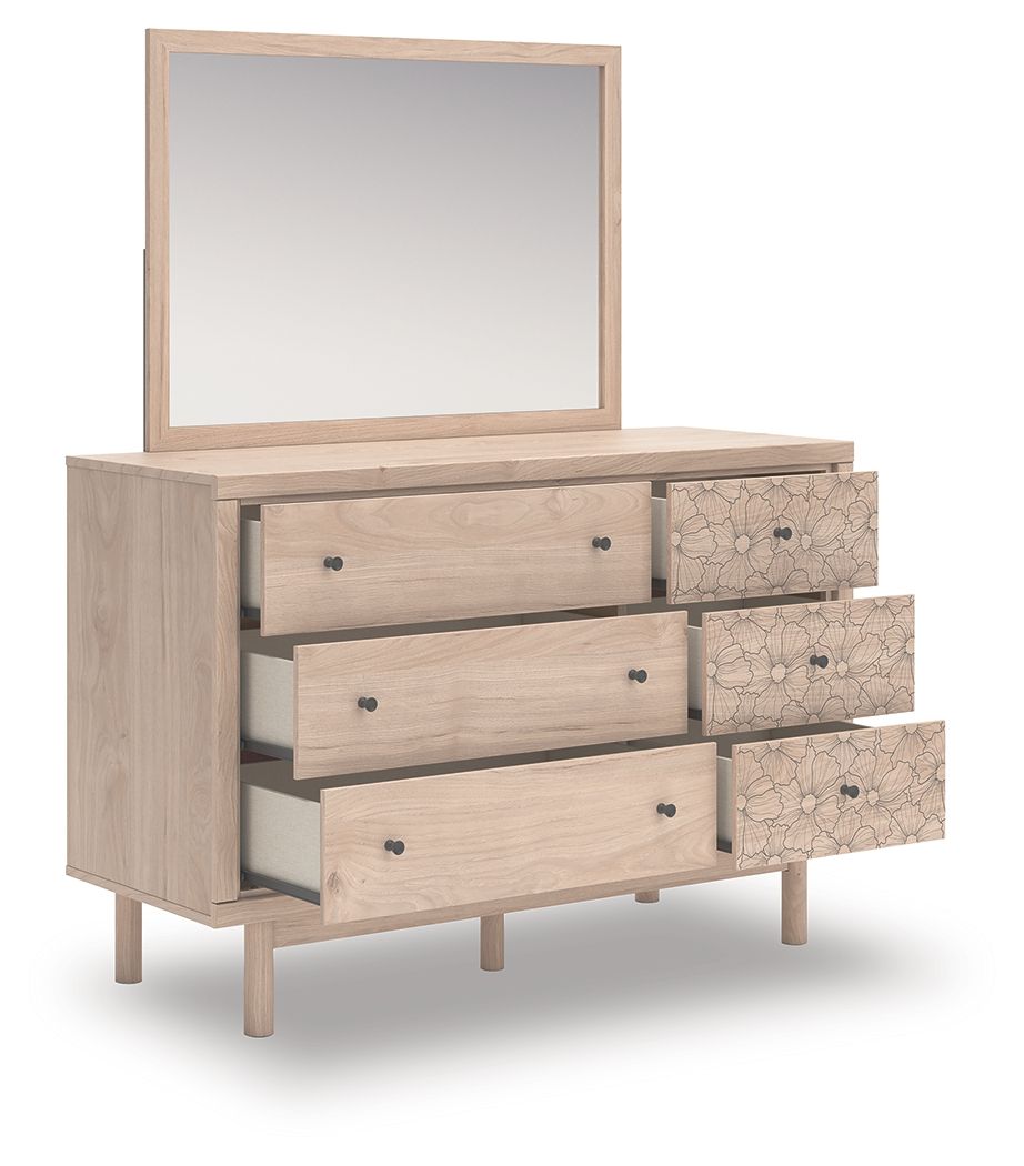 Wood dresser with mirror, three drawers and three floral-patterned drawers
